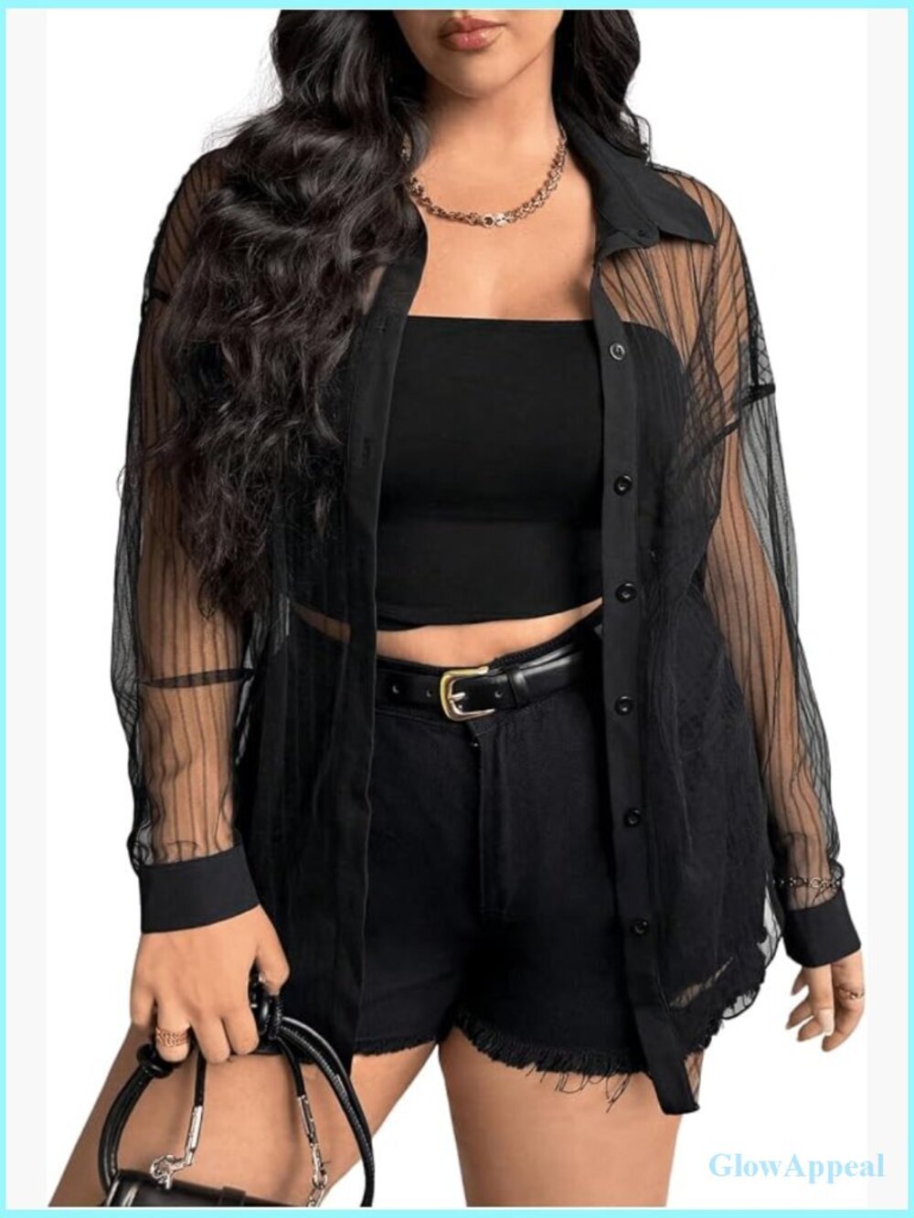 Plus Size Striped Sheer Button Up Shirt Long Sleeve Blouse